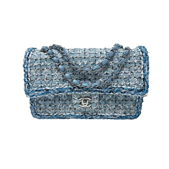 CHANEL19C Blue Braided Tweed Classic Medium Double Flap Bag Silver Hardware - Picture 2 of 14